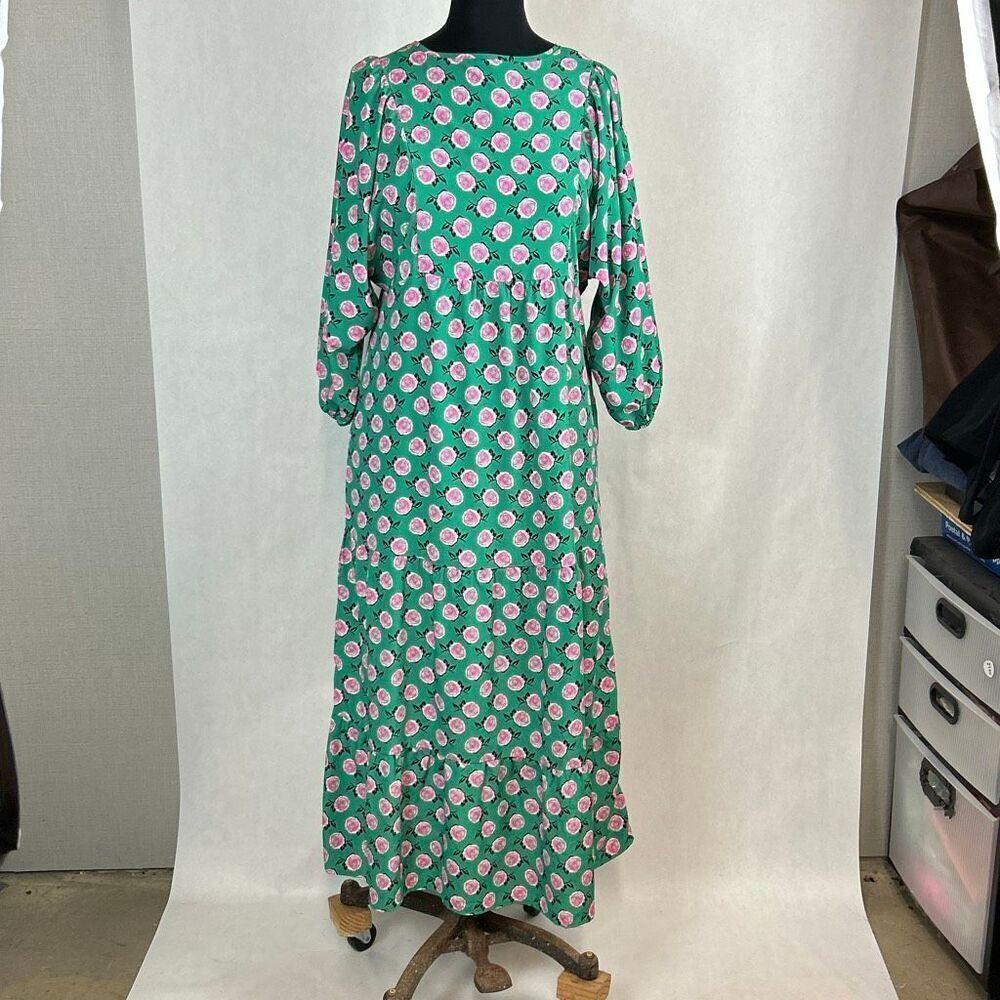 Boho Green Pink Floral Maxi Dress Sz Small Long Sleeve Tie Keyhole Back Tiered